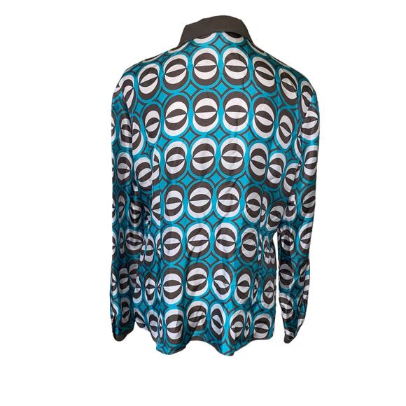 Lafayette 148 Brown Blue Geometric 100% Silk Collared Long Sleeve Blouse Size 14 - Picture 3 of 6